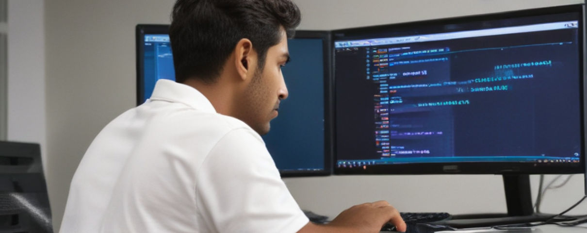 An Indian web developer wearing a polo shirt coding on his computer with a large monitor screen.