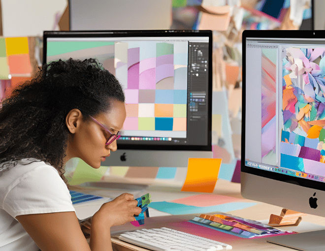 A 3D graphic artist works intensely, adjusting vibrant models on a large Mac desktop PC, surrounded by sketchbooks, color swatches, and graphic design tools.