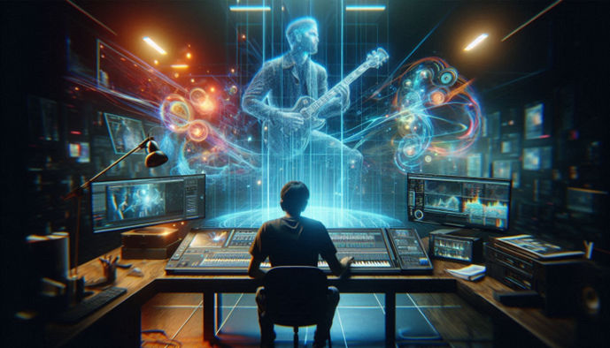 A digital artist works on a futuristic music video animation, with a musician’s holographic image displayed.
