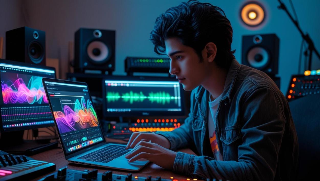 Musician tweaks real-time visual effects on website in neon-lit home studio.