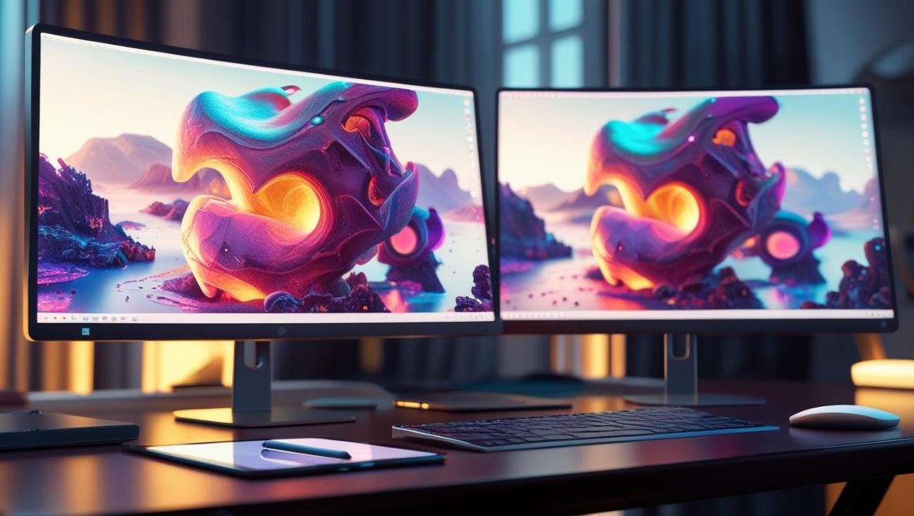 Digital artist workspace with dual monitors, 3D renders, stylus, and glowing ambient lights.