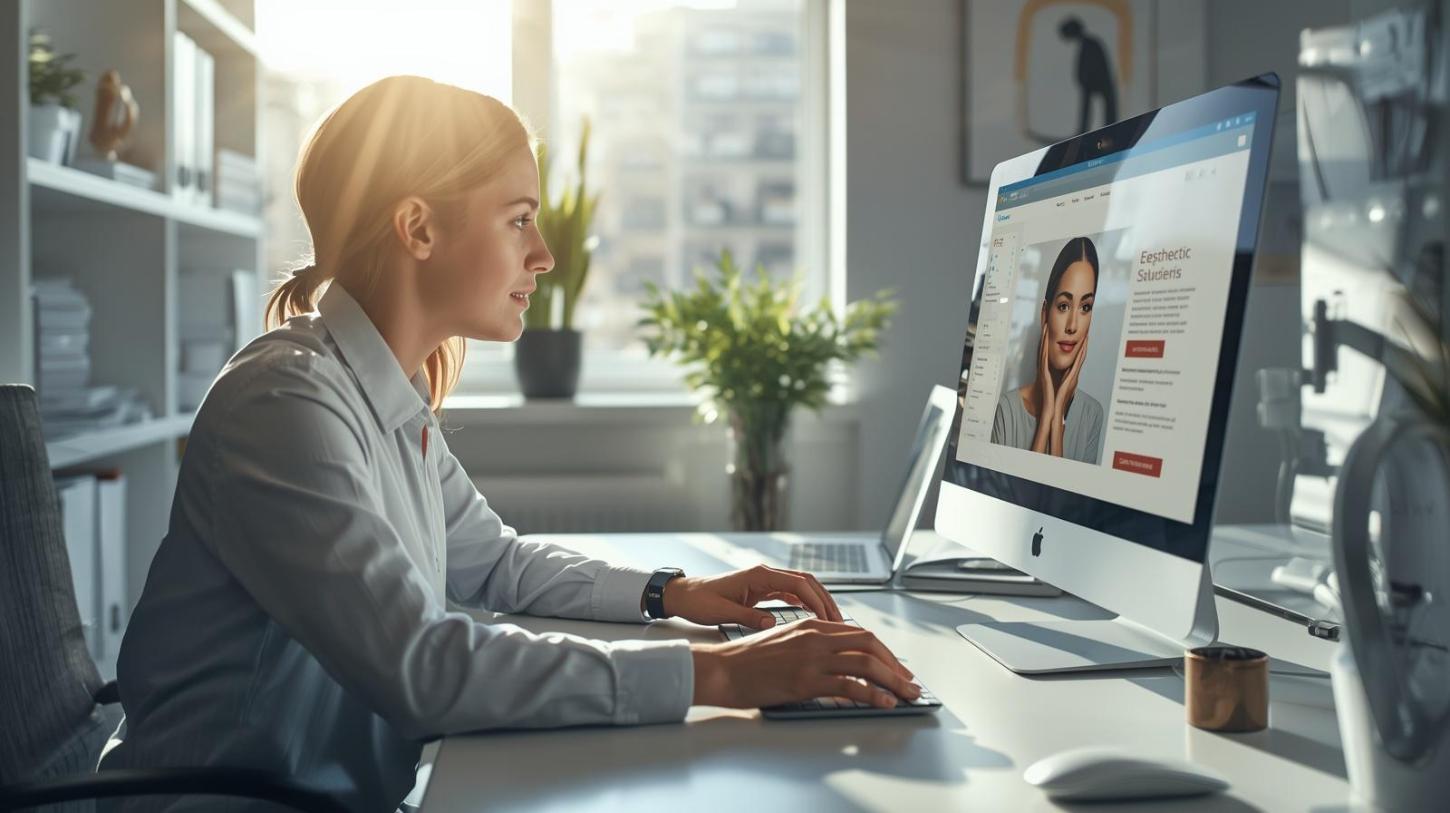 Marketing specialist creates realistic clinic graphics using technology inside a bright workspace today.