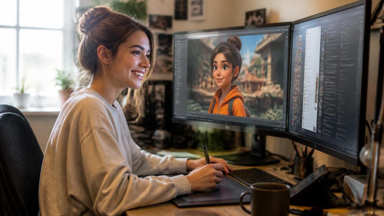 Digital artist smiling at glowing 3D render beside a thriving community chat screen.